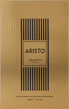ARISTO ARABIYAT PRESTIGE 100ml Eau de Parfum, złote pudełko z eleganckimi czarnymi pionowymi paskami, widok z przodu.