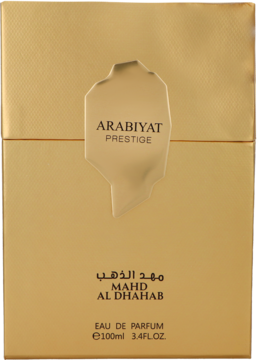 Złote, teksturowane opakowanie wody perfumowanej Arabiyat Prestige Mahd Al Dhahab 100ml z wypukłą etykietą, widok z przodu.