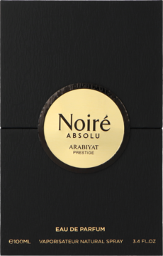 Czarny karton Arabiyat Prestige Noire Absolu woda perfumowana 100 ml z okrągłą, złotą etykietą, widok z przodu.