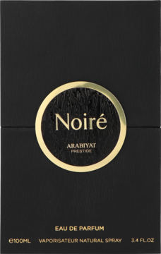 Czarny karton Arabiyat Prestige Noire 100ml woda perfumowana, z przodu złoty krąg z napisem Noire.