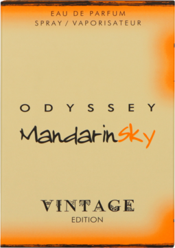 Armaf Odyssey Mandarin Sky Vintage Edition woda perfumowana unisex, front, pomarańczowe opakowanie z napisem MandarinSky.
