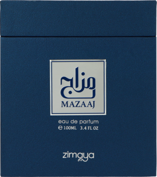Zimaya Mazaaj Infused Woda perfumowana unisex, front ciemnoniebieskiego opakowania z srebrnym logo i tekstem.