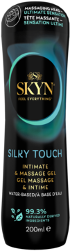 Czarna butelka SKYN Silky Touch żelu intymnego i do masażu 200ml z masującą głowicą, widok z przodu.