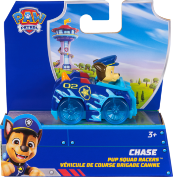 Paw Patrol Pup Squad Splash Racer Chase, 2.5-calowy, niebieski radiowóz z przezroczystymi kołami w oryginalnym opakowaniu.