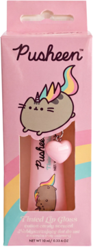 Pusheen Tinted Lip Gloss w różowym pudełku z jednorożcem Pusheen i charmsem serce. Widok z przodu.