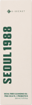 K-SECRET SEOUL 1988 Cleansing Oil z Pine Cica TX i Probiotics, 200ml, beżowe opakowanie, widok z przodu.