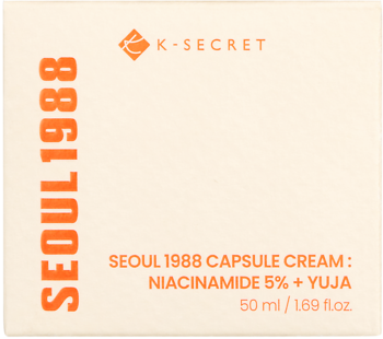 K-SECRET SEOUL 1988 Capsule Cream, beżowe pudełko z pomarańczowymi napisami, widok z przodu, Niacinamide 5% + Yuja.