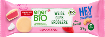 enerBIO Weisse Cups Erdbeere, różowe opakowanie, widok z przodu. Białe czekoladowe cups z truskawkowym nadzieniem.