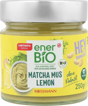 Słoik enerBiO Matcha Mus Lemon, kremowa pasta z matchą i cytryną, żółta etykieta, limitowana edycja.