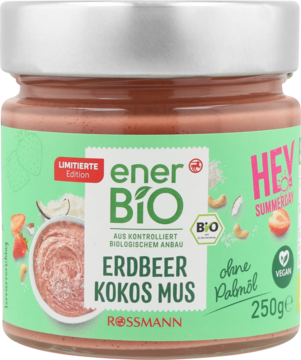Słoik enerBiO ERDBEER KOKOS MUS, bio dżem truskawkowo-kokosowy bez oleju palmowego, 250g, widok z przodu.