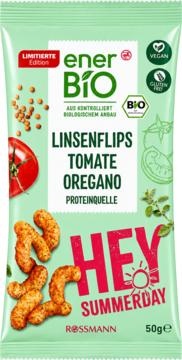 Zielone opakowanie Ener Bio Linsenflips Tomate Oregano, 50g, z grafiką flipsów, pomidorów i hasłem "HEY SUMMERDAY".