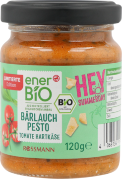 Szklany słoik enerBiO Bärlauch Pesto Tomate Hartkäse 120g, limitowana edycja, zielona etykieta, napis HEY SUMMERDAY.