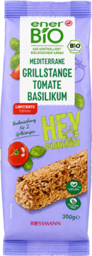 Fioletowe opakowanie enerBIO Grillstange Tomate Basilikum 300g, limitowana edycja, z grafiką pomidorów i bazylii.