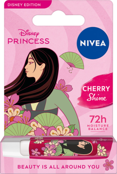 NIVEA Cherry Shine Disney Princess Mulan pomadka nawilżająca, różowe opakowanie blister z Mulan, widok z przodu.