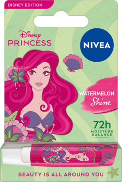 Nivea Watermelon Shine lip balm, Disney Princess Ariel, pink hair on green leaf packaging, front view.