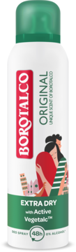 Borotalco Original dezodorant w sprayu 48h, biała puszka z zieloną etykietą, ilustracją pary, Active Vegetalc.