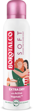 Borotalco Soft dezodorant Extra Dry 48h z Active Vegetalc, biała puszka, różowa nakrętka, grafika kobiet.