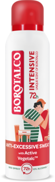 Biały dezodorant Borotalco Intensive Anti-Excessive Sweat, 72h, z czerwoną nakrętką i grafiką osób obejmujących się.