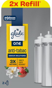 Glade ONE anti-tabac 2x Refill, odświeżacz powietrza. Zestaw dwóch srebrnych wkładów, z przodu kwiat i owoc.