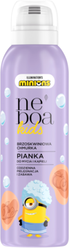 Fioletowa pianka Minions ne boa kids, brzoskwiniowa chmurka do mycia, butelka z Minionkiem, widok z przodu.