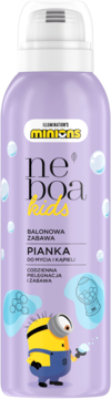 Fioletowa pianka do kąpieli Neboa Kids Minions z białym dozownikiem, Minionkiem i napisem 'Balonowa Zabawa'.