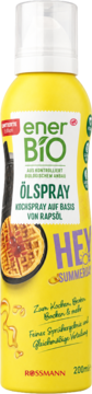 Ener Bio olej rzepakowy w sprayu 200ml w żółtej butelce. Widok z przodu z gofrem i miodem na etykiecie.