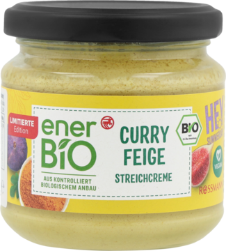 EnerBiO Curry Feige BIO Streichcreme, kremowy jasnożółty krem w szklanym słoiku z czarną nakrętką, widok z przodu.