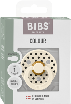 Smoczek BIBS Colour, rozmiar 1, kremowy z ciemnymi kropkami i brązowym uchwytem, w pudełku.