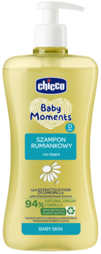 Chicco Baby Moments Szampon Rumiankowy do włosów, żółta butelka z pompką, przód, bez łez, 94% naturalny.