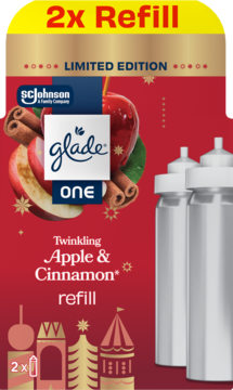 Glade One Twinkling Apple & Cinnamon 2x refill limited edition. Czerwone opakowanie z jabłkiem, cynamonem i dwoma wkładami.