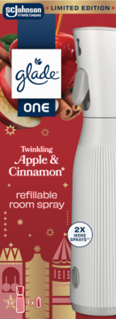 Glade ONE Twinkling Apple & Cinnamon limited edition refillable room spray, white device, festive red background.