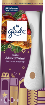 Glade Festive Mulled Wine automatic spray in a purple limited edition box with festive ingredients, front view.