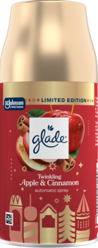 Glade Twinkling Apple & Cinnamon automatyczny spray, limitowana edycja, czerwono-złota puszka z jabłkami i cynamonem.