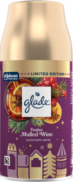 Glade Festive Mulled Wine automatic spray air freshener, purple can with gold top and winter spice illustration.