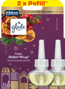 Glade Festive Mulled Wine 2x electric scented oil refills. Purple limited edition packaging with a festive drink graphic.