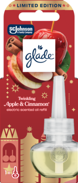Glade Twinkling Apple & Cinnamon electric scented oil refill, limited edition, 1x pack with fruit graphics.