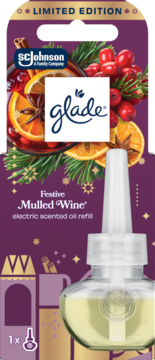Glade Limited Edition Festive Mulled Wine electric scented oil refill, front view in purple packaging with winter spices.