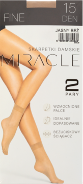 Opakowanie skarpetek damskich Miracle 15 DEN w kolorze jasny beż. Widoczne nogi w skarpetkach z bezuciskowym ściągaczem.