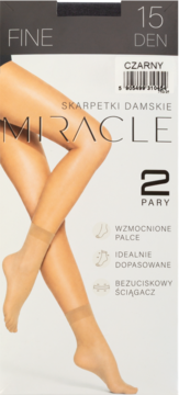 Opakowanie czarnych skarpetek damskich Miracle 15 DEN, widok z przodu. Prezentuje nogi w cielistych stopkach.