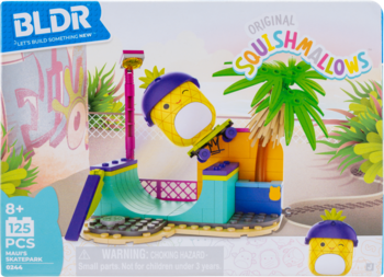 Squishmallows BLDR Skatepark building set box, yellow character on skateboard, 125 pieces, ages 8+, frontal view.