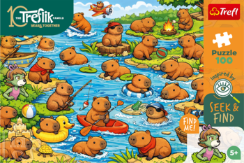 Trefl puzzle z serii Seek & Find: rzeka pełna zabawnych kapibar, niektóre pływają, inne wędkują. Idealne dla dzieci 5+.