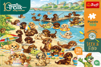 Kolorowe puzzle Trefl 100 elementów z szczeniętami jamników na plaży, motyw "Seek & Find". Widok przód.