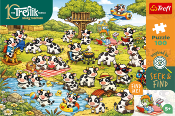 Trefl Puzzle 100 elementów, 'Szukaj i Znajdź' z wesołymi krówkami na pikniku i w wodzie, widok przód.