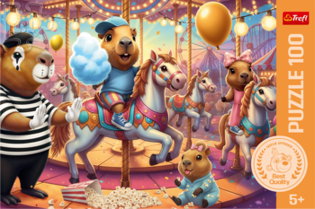 Puzzle GoPuff 100: urocze kapibary na karuzeli w wesołym miasteczku, z popcornem i watą cukrową. Przód pudełka.