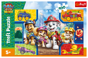 Trefl Puzzle Psi Patrol Film 100 el. Przedstawia Chase, Marshall, Skye na pudełku, widok z przodu.