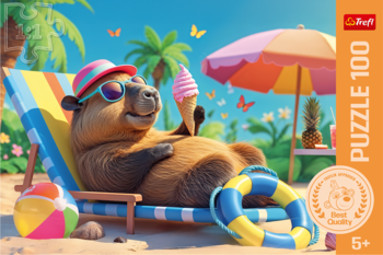 Pudełko puzzle 100 Steiff: kapibara w okularach na leżaku na plaży je różowe lody.