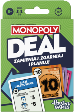 Gra karciana Monopoly Deal w zielonym pudełku z niebieskim pasem. Widać karty: Aleje Ujazdowskie i pomarańczową.
