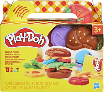 Play-Doh Małe przysmaki z grilla: zestaw do robienia burgerów w żółtym pudełku z rączką, widok z przodu.
