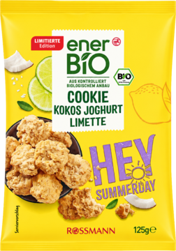 Żółte opakowanie enerBiO COOKIE Kokos Jogurt Limetka 125g, edycja limitowana. Widok z przodu, z ciastkami, limonką i kokosem.