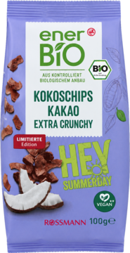 Fioletowa torebka enerBiO Kokoschips Kakao Extra Crunchy, limitowana edycja, 100g. Widok z przodu.